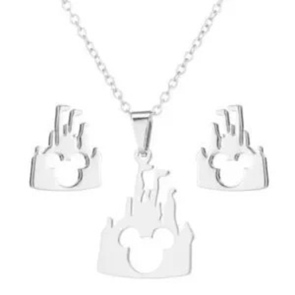 18K White Gold (Rhodium) Plated Disney Castle Silhouette w/ Mickey Head Set